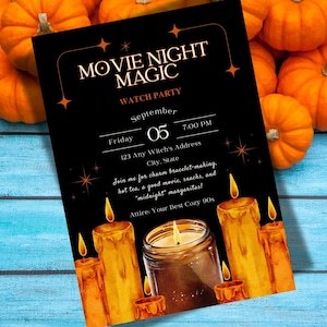 May include: A black invitation card with the text "Movie Night Magic Watch Party" and event details. The card features illustrations of lit candles and a jar candle, with pumpkins in the background. The event is scheduled for September 5th.
