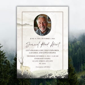 May include: A memorial announcement with a portrait of a smiling older man. The text includes dates, name, and event details. A white deer stands in front of a mountain scene. The background has a watercolor effect.