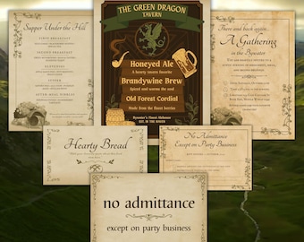 Cozy Fantasy Feast Party Bundle | Editable 6-Piece Canva Template | Invitation, Menus, Sign