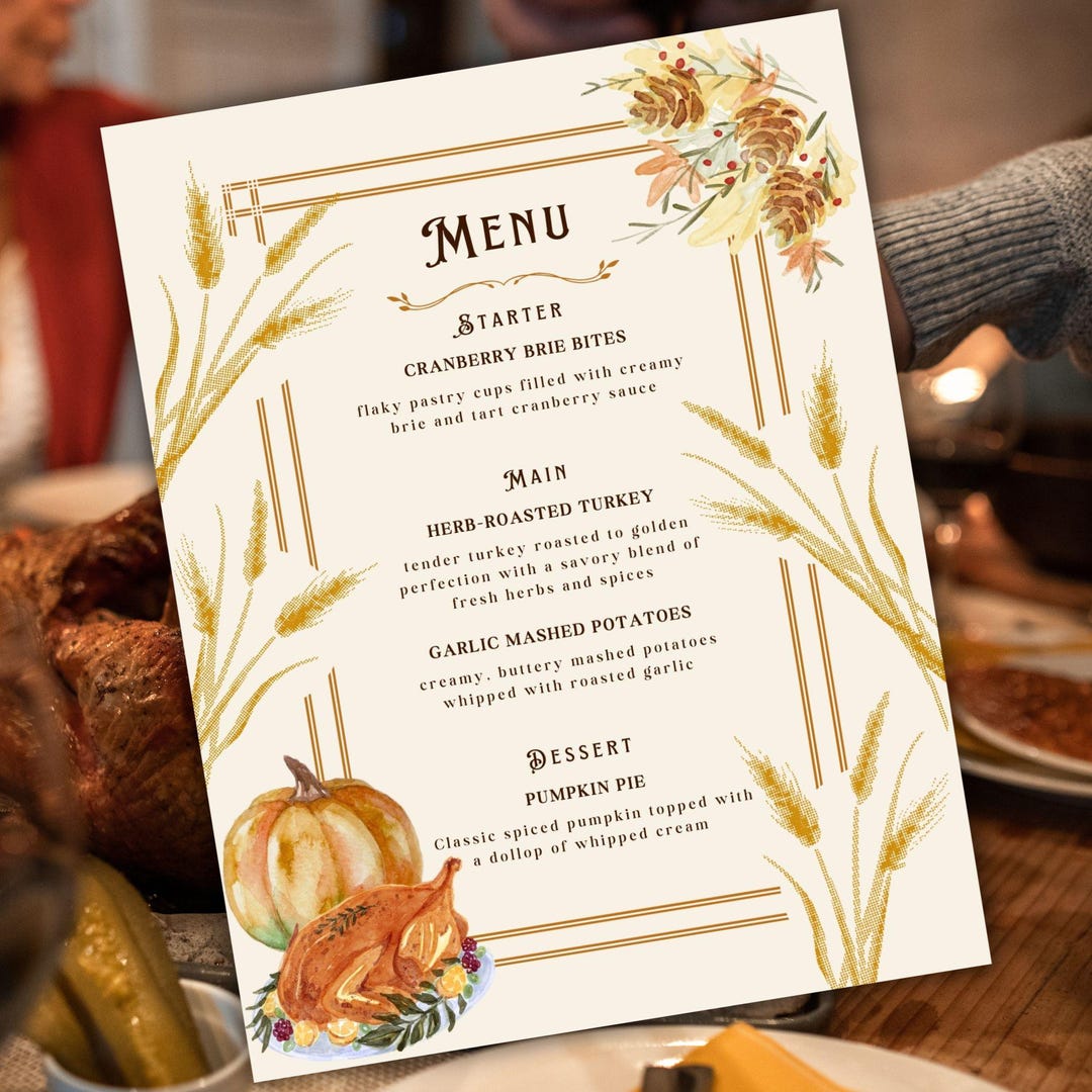 Thanksgiving Dinner Menu Template Canva Fall Harvest Feast Printable