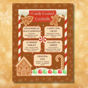 Op de afbeelding: Een feestelijk cocktailmenu met een bruine achtergrond en witte sneeuwvlokken. Het menu bevat illustraties van peperkoekhuisjes en zuurstokken, met drankjes als "Gingerbread Old Fashioned" en "Candy Cane Crush."