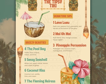 Retro Tiki Bar Cocktail Menu Template: Vintage Tropical Luau Drink Sign (Canva Pro)