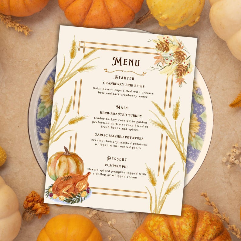 Thanksgiving Dinner Menu Template Canva Fall Harvest Feast Printable