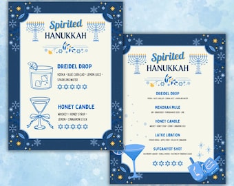 May include: Two navy blue Hanukkah-themed cocktail recipe cards. The cards feature the text "Spirited Hanukkah" and include illustrations of cocktails and dreidels. The recipes include ingredients like vodka, whiskey, and honey syrup.