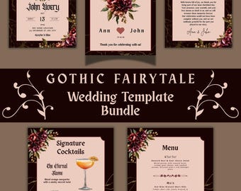 Gothic Fairytale Wedding Template Bundle: Dark Romance Invite, Menu, & Sign (Canva Pro)