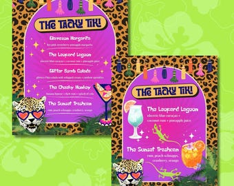 Tiki Bar Cocktail Menu & Signature Drink Sign Set | Tacky Leopard Pool Party Canva Template