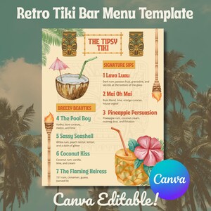 Modèle Canva de menu modifiable Tiki Bar | Affiche tropicale rétro pour boisson Luau | Carte des cocktails imprimable | Décoration de fête d'été vintage
