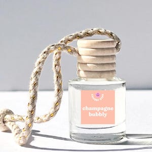 May include: A clear glass bottle with a wooden cap and a pink label that says "champagne bubbly" and a smiley face. The bottle is hanging from a white and gold rope.