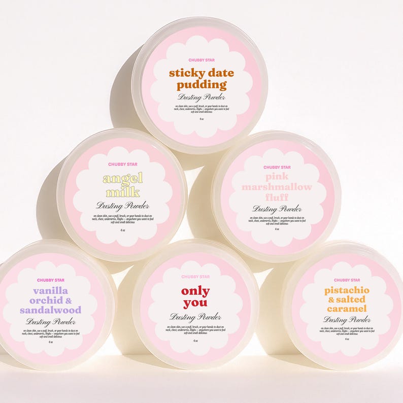 May include: A collection of six round containers of Chubby Star dusting powder. Each container has a pink and white label with a unique flavor name in a decorative font. Flavors include sticky date pudding, angel milk, pink marshmallow fluff, vanilla orchid & sandalwood, only you, and pistachio & salted caramel.