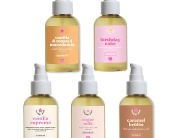 May include: Five bottles of dry body oil with white pumps and colorful labels. Flavors include vanilla & toasted macadamia, birthday cake, vanilla supreme, sugar milk, and caramel brûlée. Each label features the brand name "Chubby Star" and a pink heart.
