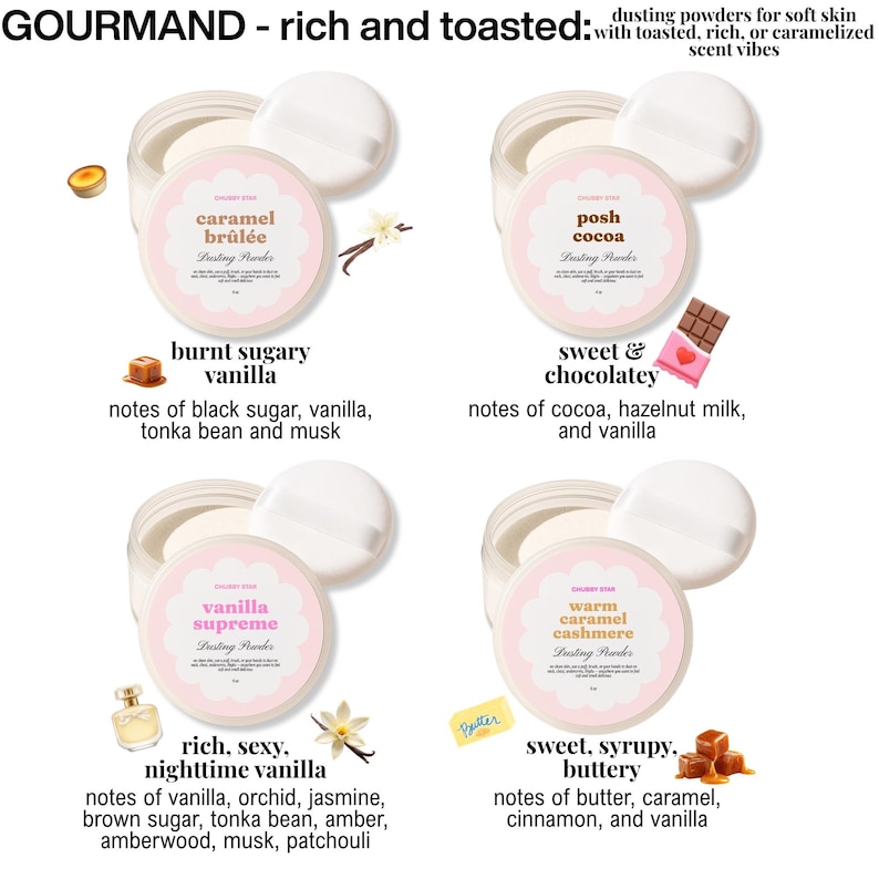 May include: Four jars of dusting powder with white puffs. The jars are labeled with the scents: caramel br&ucirc;l&eacute;e, posh cocoa, vanilla supreme, and warm caramel cashmere. Each jar has a pink label with the brand name and scent description. The text "GOURMAND - rich and toasted" is at the top.