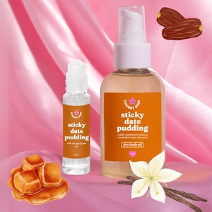Sticky Dates Pudding Body Oil & Roll On Perfume Oil Bundle | Scented Body Oil For Moisturized Skin, Luxurious Body Care, Self Care Gift Set