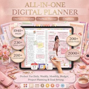 Può includere: Un'agenda digitale a tema rosa, con un tablet che mostra un layout dell'agenda. L'immagine include testo come "ALL-IN-ONE DIGITAL PLANNER", "1040+ PAGES" e "230+ TEMPLATES". Elementi decorativi: fiori, fotocamera e tazza di caffè.