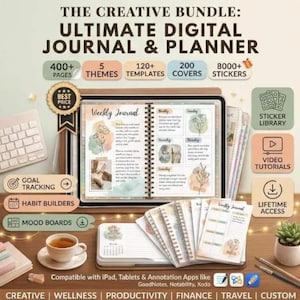 Può includere: Pacchetto di diario e planner digitale con il testo "THE CREATIVE BUNDLE: ULTIMATE DIGITAL JOURNAL & PLANNER". Include 400+ pagine, 5 temi, 120+ modelli, 200 copertine e 8000+ adesivi. Compatibile con iPad, tablet e app di annotazione.