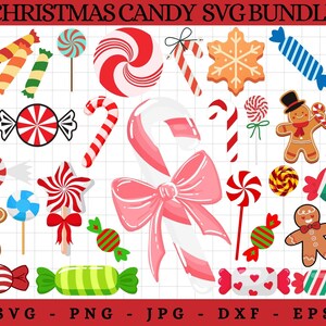 Puede incluir: Ilustraciones de caramelos navideños, incluyendo hombres de jengibre, bastones de caramelo y caramelos envueltos en rojo, verde, blanco y rosa. El texto "CHRISTMAS CANDY SVG BUNDLE" está en la parte superior.