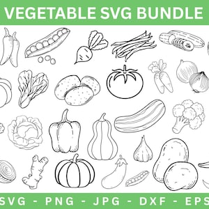 May include: A collection of black and white line drawings of vegetables, such as pumpkins, peppers, and onions. The words "VEGETABLE SVG BUNDLE" are at the top. The bottom of the image includes the text "SVG - PNG - JPG - DXF - EPS".