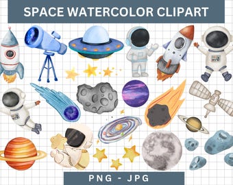 Watercolor Space Clipart, Astronaut, Rocket, Planets (Digital Download)