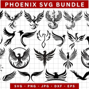 Puede incluir: Un conjunto de 20 archivos de corte SVG de pájaros fénix en blanco y negro. Los pájaros fénix están en varias poses y estilos. Los archivos SVG son perfectos para manualidades, scrapbooking y otros proyectos creativos.