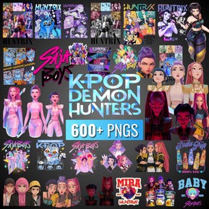 Può includere: Una collezione di arte digitale a tema K-Pop. L'immagine presenta varie illustrazioni di personaggi, loghi e il testo "K-Pop Demon Hunters" con "600+ PNGS". La tavolozza dei colori include tonalità rosa, viola e blu.
