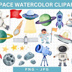Watercolor Space Clipart Bundle,Cute Astronaut Clipart,Space Watercolor Clipart for Nursery Decor,Cute Planets,Baby Boy Nursery PNG