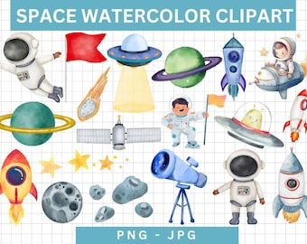 Watercolor Space Clipart Bundle, Astronaut, Planets (Digital Download)
