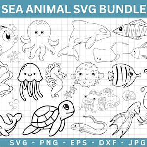 海の動物のアウトライン SVG、海中 SVG バンドル、海洋動物 SVG、海の生物 SVG、貝殻 SVG、イルカ SVG、海中の生き物、Cricut ファイル
