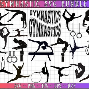 Pode incluir: Um pacote SVG a preto e branco com várias poses de ginástica, incluindo espargatas, paradas de mão e rotinas com arcos e fitas. O texto "GYMNASTIC SVG BUNDLE" está no topo, com opções de tipo de ficheiro na parte inferior.