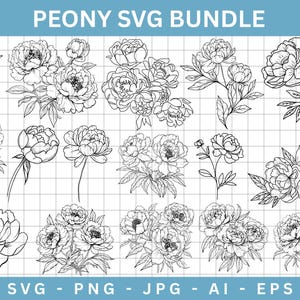 Peonies svg bundle,Peony Fine Line Artwork,Peonies Bouquet svg,Floral Arrangement svg,Hand Drawn Vector Flowers,Peony outline,Commercial Use