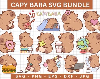 Paquete SVG de carpincho adorable, descarga digital instantánea para Cricut y Silhouette, pegatina digital, PNG de carpincho adorable, ilustración de animal kawaii