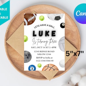 Sports Theme Birthday Invitation,Born 2 Ball Invitation Template,Let&#39;s Have a Ball,Basketball,Soccer, Baseball Invitation,Instant Download