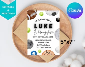 Sports Theme Birthday Invitation, Born 2 Ball (Digital Download)
