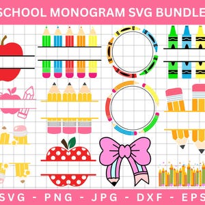 Pode incluir: Um conjunto de 10 arquivos de corte SVG para criar monogramas com tema escolar. Os designs incluem maçãs, lápis, giz de cera e um laço com lápis. O texto "SCHOOL MONOGRAM SVG BUNDLE" está na parte superior da imagem. O texto "SVG - PNG - JPG - DXF - EPS" está na parte inferior da imagem.