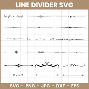 Op de afbeelding: Een verzameling zwarte lijnverdeler SVG-ontwerpen. De afbeelding toont verschillende decoratieve horizontale lijnen met bloem-, geometrische en gedraaide elementen. De tekst "LINE DIVIDER SVG" staat bovenaan, met bestandstype-opties onderaan.