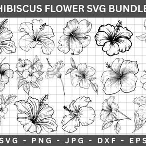 Peut inclure: Un ensemble SVG en noir et blanc présentant divers motifs de fleurs d'hibiscus. L'image comprend plusieurs illustrations de fleurs d'hibiscus dans différents styles, avec le texte "HIBISCUS FLOWER SVG BUNDLE" en haut et les options de type de fichier en bas.