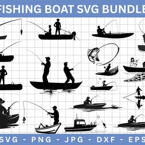 May include: A set of 12 black and white silhouette SVG cut files featuring fishing boats with people fishing. The text "FISHING BOAT SVG BUNDLE" is at the top of the image. The text "SVG - PNG - JPG - DXF - EPS" is at the bottom of the image.