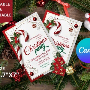 May include: A red and white candy cane with green holly and red berries, a Christmas party invitation with the text "Christmas party" and "December 25th, 2024" in gold lettering, and the text "You're invited to the Adam's family" in black lettering.