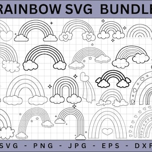 Puede incluir: Colección de diseños de arcoíris en blanco y negro con nubes, corazones y estrellas. El texto "RAINBOW SVG BUNDLE" está en la parte superior, y las opciones de tipo de archivo se enumeran en la parte inferior: SVG, PNG, JPG, EPS y DXF.