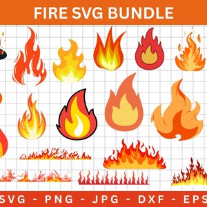 May include: A digital graphic bundle showcasing diverse fire illustrations in red, orange, and yellow. The designs include flames of various shapes and sizes, with the text "FIRE SVG BUNDLE" at the top and file type options at the bottom.