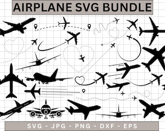 Puede incluir: Una ilustración digital en blanco y negro de un paquete de archivos SVG de aviones. La imagen muestra una variedad de siluetas de aviones en diferentes posiciones y tamaños, incluyendo un avión volando en forma de corazón. El texto "AIRPLANE SVG BUNDLE" está en la parte superior de la imagen. El texto "SVG - JPG - PNG - DXF - EPS" está en la parte inferior de la imagen.
