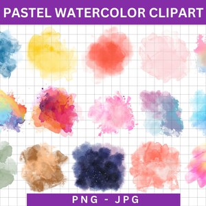 May include: A set of 16 watercolor clipart images in various pastel colors. The images are in the shape of irregular blobs and are arranged in a grid pattern on a white background with a grid overlay.
