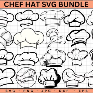 Könnte beinhalten: Ein Set mit 20 schwarzen und weißen Kochmützen-SVG-Schnittdateien. Die Mützen sind in verschiedenen Stilen, einschließlich hoch, kurz und mit verschiedenen Krempeformen. Der Text "CHEF HAT SVG BUNDLE" befindet sich oben im Bild.