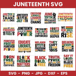 May include: A selection of Juneteenth SVG designs featuring slogans in black, red, green, and yellow. The designs include phrases such as "Black Excellence," "Freedom Rings," and "June 19th." The image is a digital graphic.