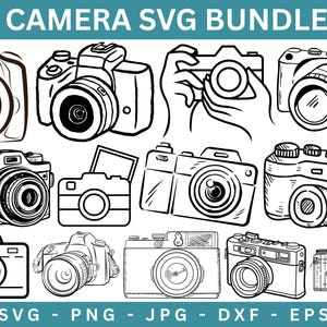 Pode incluir: Um conjunto de dez desenhos em preto e branco de câmeras. As câmeras são desenhadas em uma variedade de estilos, incluindo vintage, moderno e de desenho animado. Os desenhos são perfeitos para usar em scrapbooking, criação de cartões ou outros projetos de artesanato.