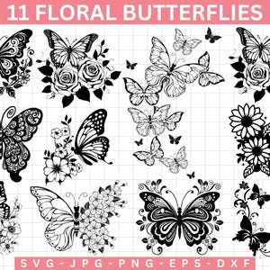 Large Butterflies & Flowers Removable Wall Decal – Choose White Or Black