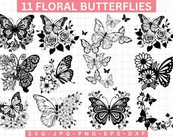Paquete SVG de mariposas florales, imágenes prediseñadas de mariposas (archivos digitales)
