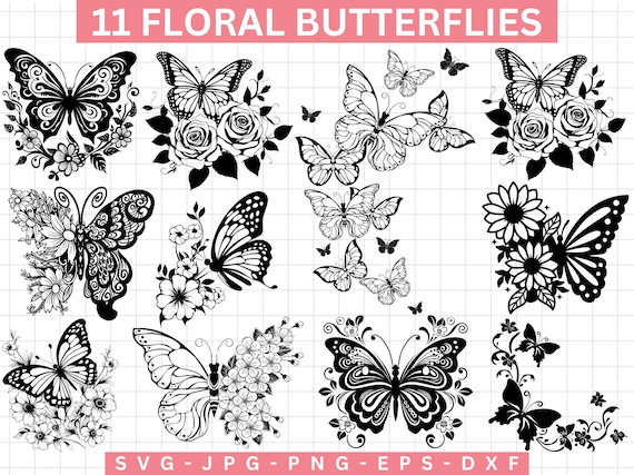 Floral Butterfly SVG Bundle, Butterfly Clip Art (Digital Files)