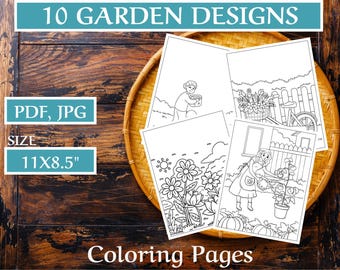 Garden Life Coloring Pages, Set of 10 (JPG + PDF Instant Download)