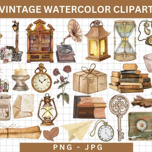 Könnte beinhalten: Vintage-Aquarell-Clipart-Set mit einer Vielzahl von Objekten, darunter ein Grammophon, eine Laterne, Bücher, eine Schreibmaschine, ein Kompass, ein Paket, ein Vintage-Telefon, ein Kassettenband, ein Flugzeug und vieles mehr. Das Clipart ist im Vintage-Stil mit Aquarell-Effekt.