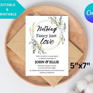 Convite "Nada extravagante, apenas amor", modelo de convite para recepção moderno, convites casuais para festa de casamento, cartão de anúncio de fuga minimalista.