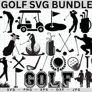 May include: Black and white silhouette SVG bundle of golf-themed images, including golfers, golf clubs, golf balls, a golf cart, and the word "GOLF" in a bold font.